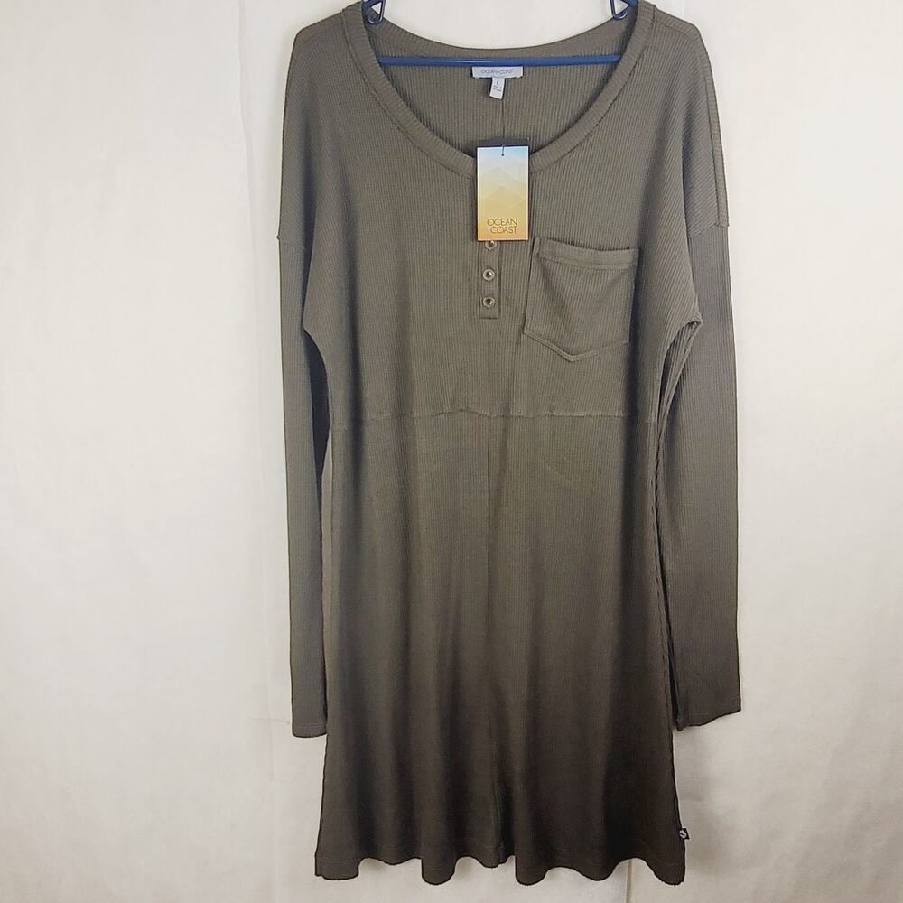 New Ocean and Coast green waffle knit henley shirt dress Sz large Casual Utility